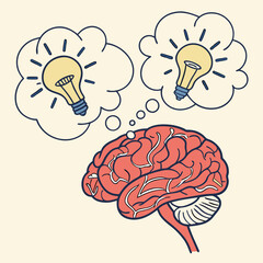 A cartoon illustration of a brain with lightbulbs above it, representing the concept of ideas and thinking. This fun and whimsical design is perfect for educational materials, presentations.