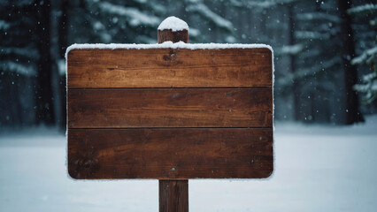 wooden blank sign on snowy winter background
