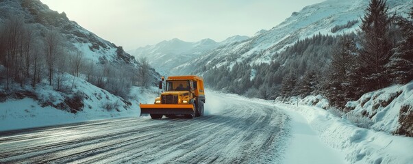 Snowplough working on icy mountain road, winter storm remnants, focused and diligent