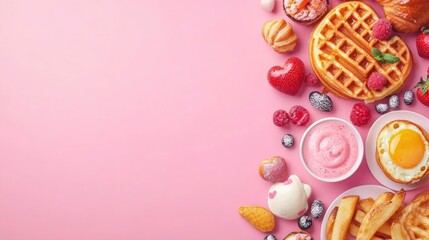 Valentine day brunch menu background with various breakfast and lunch dishes, waffle, croissant, muffins, donuts, berries, fries scrambled eggs, pancakes, with generative ai
