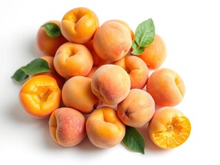 A close-up shot of a pile of ripe apricots on a clean white background, healthy, organic, agriculture