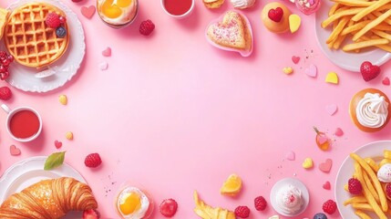 Valentine day brunch menu background with various breakfast and lunch dishes, waffle, croissant, muffins, donuts, berries, fries scrambled eggs, pancakes, with generative ai