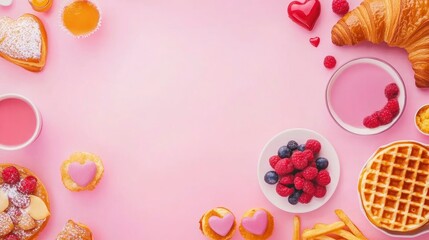Valentine day brunch menu background with various breakfast and lunch dishes, waffle, croissant, muffins, donuts, berries, fries scrambled eggs, pancakes, with generative ai