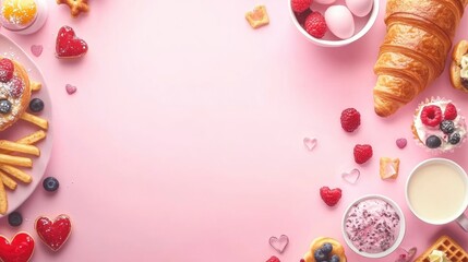 Valentine day brunch menu background with various breakfast and lunch dishes, waffle, croissant, muffins, donuts, berries, fries scrambled eggs, pancakes, with generative ai