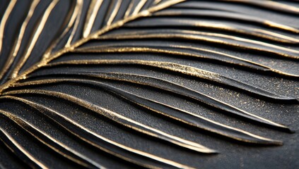 A close-up of the black palm leaf, with thin lines and shimmering gold accents The focus is on capturing intricate details in the natural texture of each line Generative AI