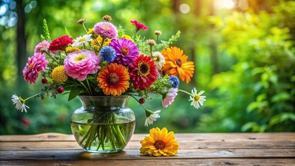 A cluster of colorful flowers arranged in a vase on a rustic wooden table, surrounded by lush greenery, vintage, vases, home, interior, outdoor