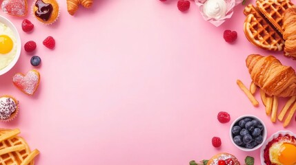 Valentine day brunch menu background with various breakfast and lunch dishes, waffle, croissant, muffins, donuts, berries, fries scrambled eggs, pancakes, with generative ai
