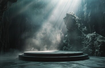 Stone Platform With Light Rays In A Dark Cave