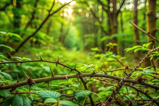 A dense thicket of brambles and thorns in a green forest, overgrown terrain, leafy greens, foliage patterns