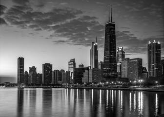 Fototapeta premium Panoramic Black and White Skyline Reflection of Modern City in Low Light