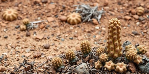 A dried-up plant in the arid desert landscape surrounded by parched cacti, nature, succulent