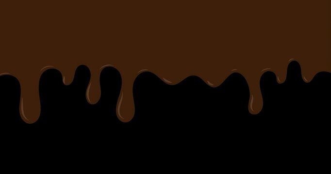 Melted chocolate dripping animation. Dessert background with melted chocolate. Sweet ice cream flowing down. Motion graphic. 4K animation. Transparent background with alpha channel
