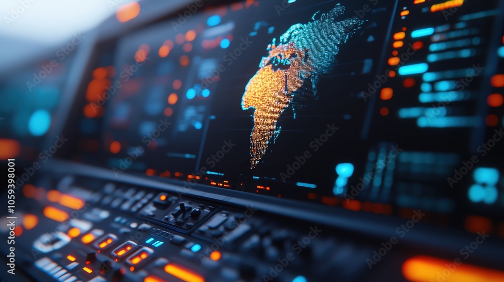 Fototapete Futuristic interface displaying a detailed map of Africa with digital elements and vibrant colors.
