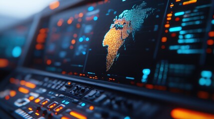 Futuristic interface displaying a detailed map of Africa with digital elements and vibrant colors.