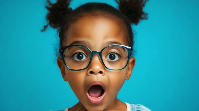 A shocked black girl with playful hairstyle and glasses displays an expression of astonishment, surrounded by a vibrant blue backdrop