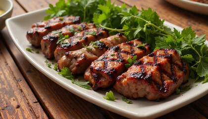 Grilled skewers of marinated meat garnished with fresh herbs on a white platter, served for a summer barbecue gathering. Generative AI