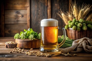 A foamy mug of craft beer sits on a wooden table surrounded by brewing equipment and ingredients, yeast, IPA