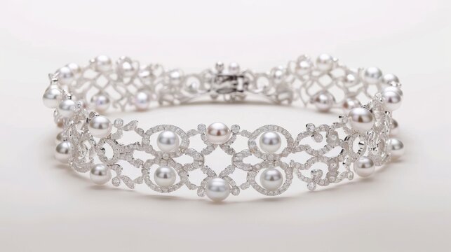 An elegantly understated bracelet crafted with delicate lace patterns and adorned with rows of glistening pearls in a soft dreamy setting.