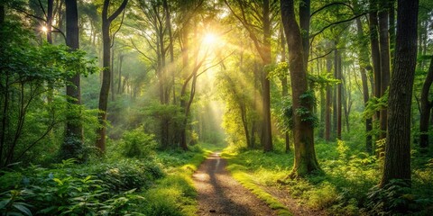 Obraz premium A forest path winds through the underbrush with sunlight filtering through the trees above, woodland trail, sunlight