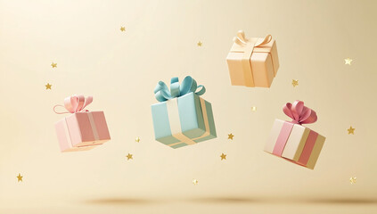 Cute gift boxes floating in the air, against a beige background