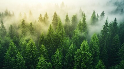 Fototapeta premium Misty Pine Forest with Sun Rays Filtering Through. Wallpaper, Background, Banner.