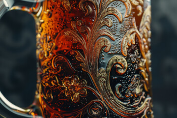 Fototapeta premium A mug with a floral design is filled with a brown liquid
