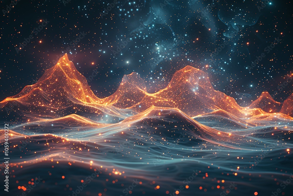Poster a computer generated image of a mountain range with a blue sky and orange