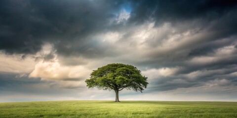 A lone tree standing tall against a dull gray sky with no clouds, solitary figure, outdoor, serenity, stillness, solitude