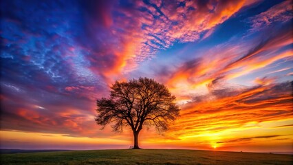 Obraz premium A lone tree stands tall against the vibrant orange and pink hues of a breathtaking sunset, calm, serene, peaceful, trees, sunset