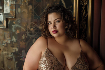 A woman with a large bust is wearing a gold dress and posing for a photo © mila103