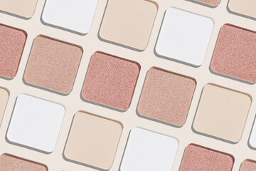 Cosmetics texture pattern, makeup palette pastel neutral color eye shadow, square eye powder swatches. Female cosmetic and beauty products, aesthetic minimal beauty photo, shimmer eyeshade, top view