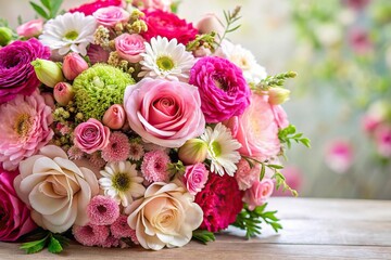 A lush and colorful arrangement of mixed flowers in shades of pink and white, home decor, flower arrangement, anniversary surprise, furniture