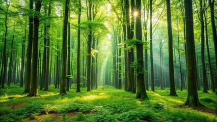 Obraz premium A lush forest with tall trees standing in front of a serene green background, forest background, foliage