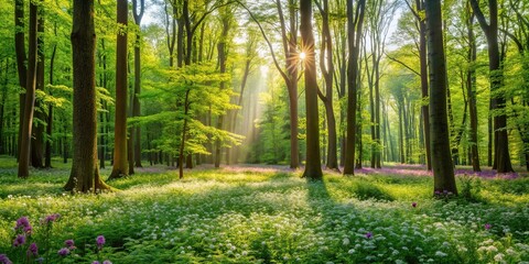 Obraz premium A lush green forest with tall trees and a carpet of wildflowers surrounding them, woods, landscape, foliage, garden, trees