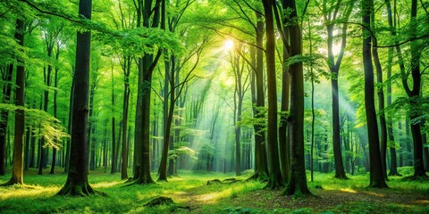A lush green forest with tall trees and vibrant foliage on a serene background, scenery, landscape, earthy tones, wilderness, tree roots