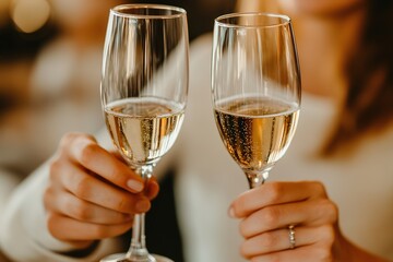Cheers with sparkling champagne in elegant glasses