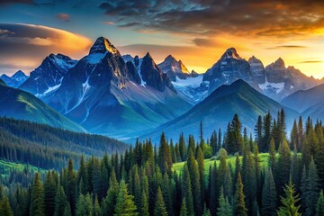 Obraz premium A majestic blue mountain range with towering peaks and lush green forests at sunset, rock formations, peaceful, horizon, clouds, trees