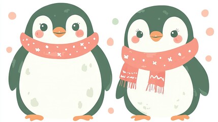   A pair of penguins, bundled up in scarves, stand side by side with one scarf on top of each head