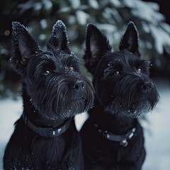 Close-up of two Scottish Terriers with snow-dusted fur, looking attentively into the distance on a winter night, set against a softly blurred snowy background.
