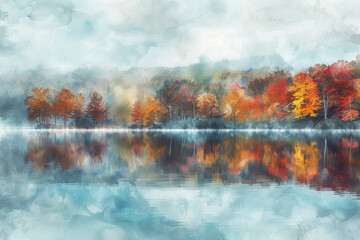 A painting of a lake with trees in the background