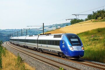 Naklejka premium Modern train speeding through rural landscape