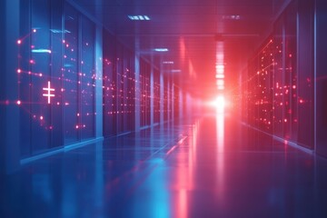 Fototapeta premium Futuristic corridor illuminated with vibrant red and blue lights in a modern building at night