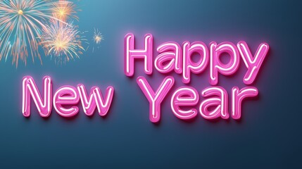 Neon 'Happy New Year text with festive fireworks in background, lively cityscape, midnight celebration vibe