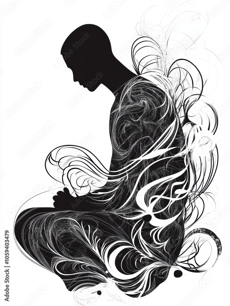 Poster A person sits in a meditative pose, surrounded by swirling abstract designs that suggest tranquility and inner reflection. Generative AI