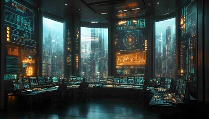 Data-Driven Business Command Center, futuristic command center filled with holographic displays of market data, performance KPIs,