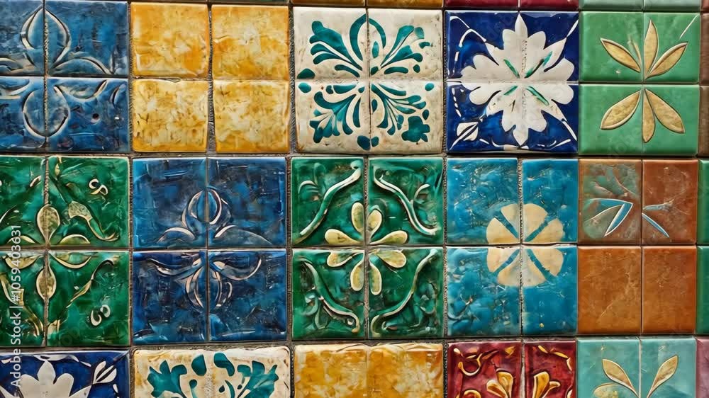 Poster a close-up of colorful tile work with floral patterns on the wall of a building
