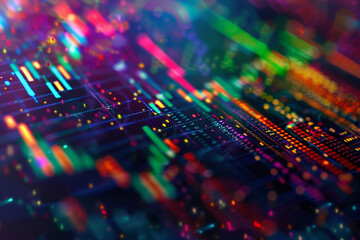 A colorful image of a cityscape with many different colored lines and shapes