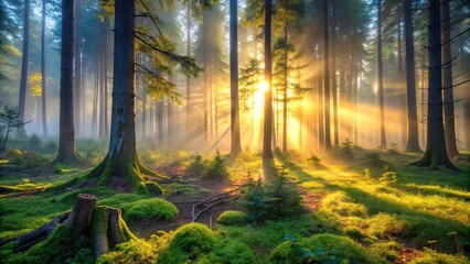 Obraz premium A misty dawn breaks over the forest floor, casting an ethereal glow on the dense underbrush and ancient tree trunks, mysterious, atmosphere, landscape, light