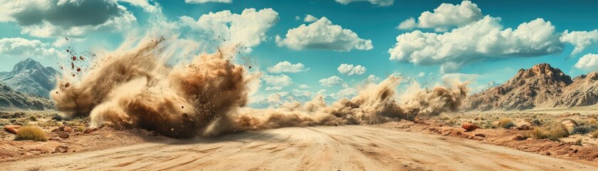 A dynamic desert scene showcasing a dust cloud rising over a dirt road, framed by mountains and a vibrant blue sky.