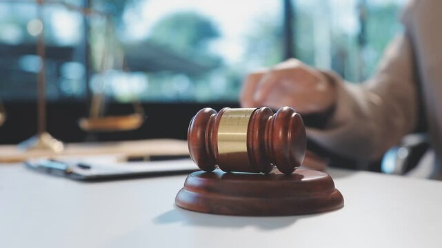 Judge gavel with Justice lawyers having team meeting at law firm background. Concepts of Law and Legal services.